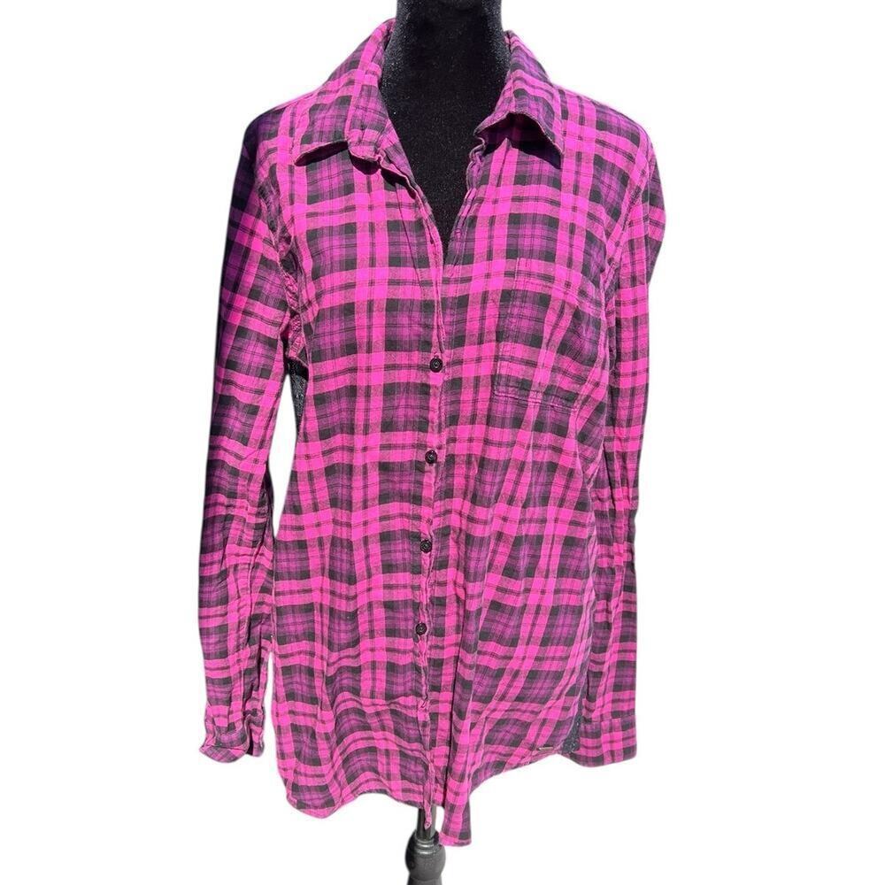 PINK flannel long sleeve button down shirt, lace back, women's size L